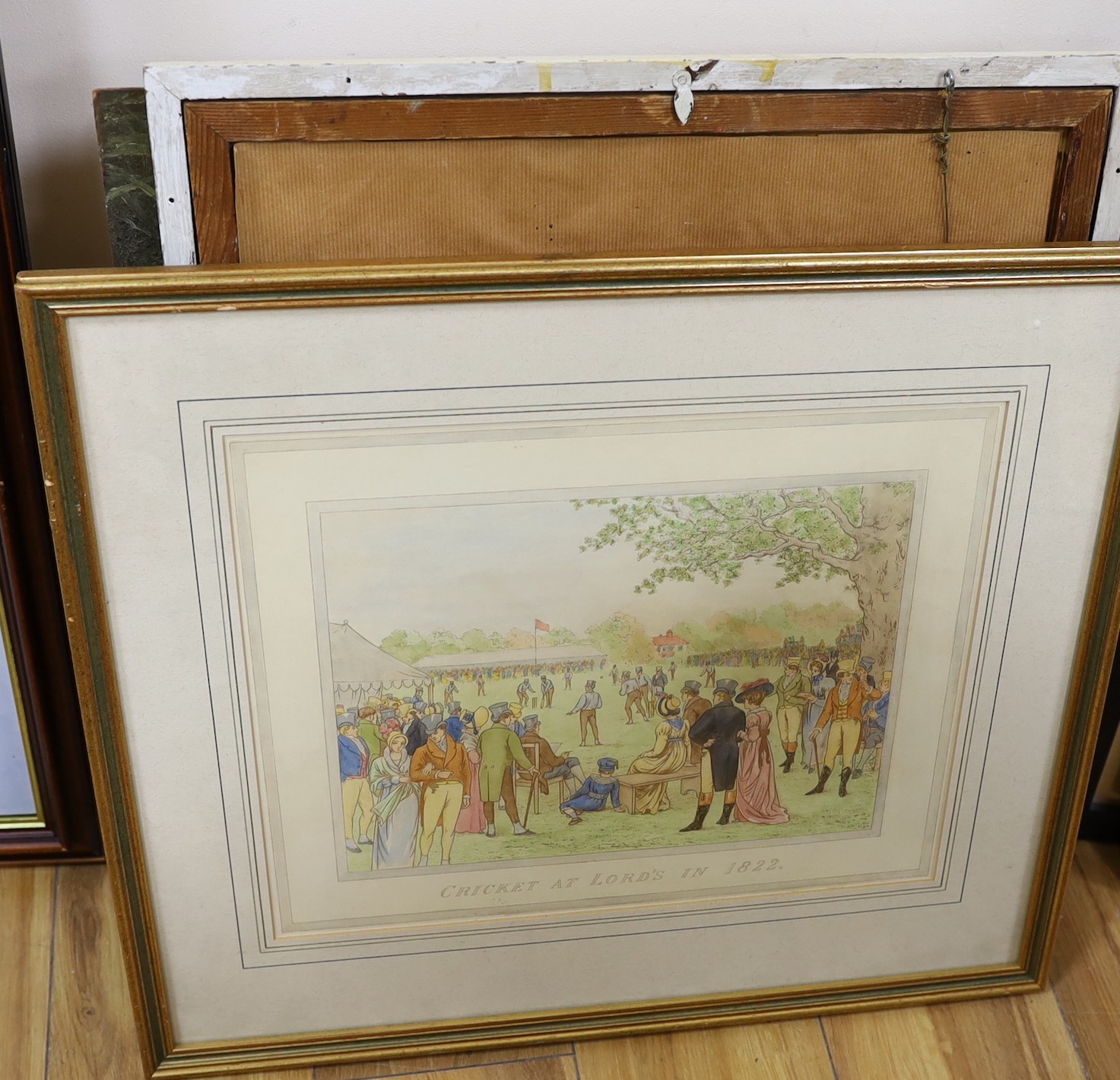 Leadenhall Press, coloured engraving, 'Cricket at Lords in 1822', 31 x 40cm, and a group of assorted paintings and prints